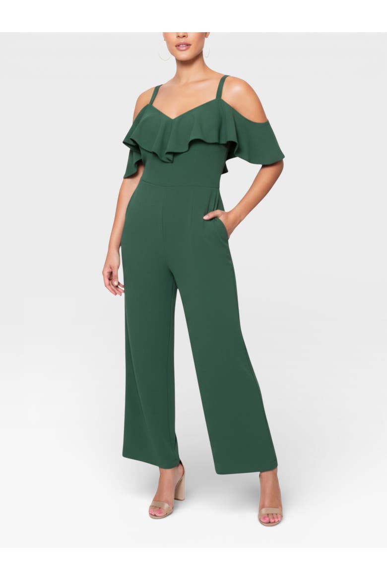 Marcella Off the Shoulder Ruffle Jumpsuit, Main, color, Spruce
