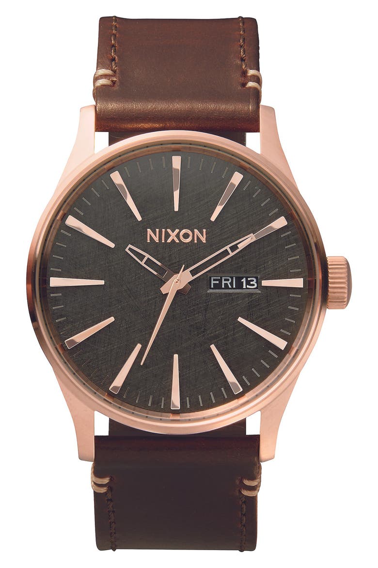 The Sentry Leather Strap Watch, 42mm, Main, color, ROSE GOLD / GUNMETAL / BROWN