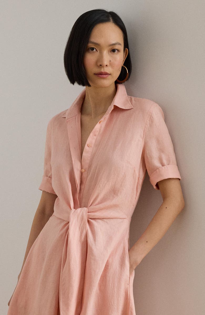 Lauren Ralph Lauren Tie Front Linen Shirtdress, Alternate, color, Pink Rhodonite