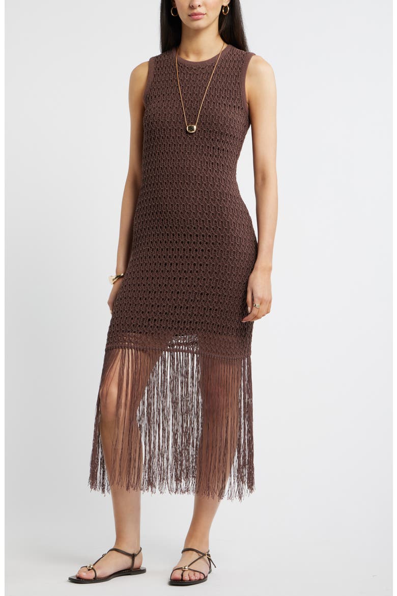 Sleeveless Fringe Knit Dress, Main, color, BROWN ROAST