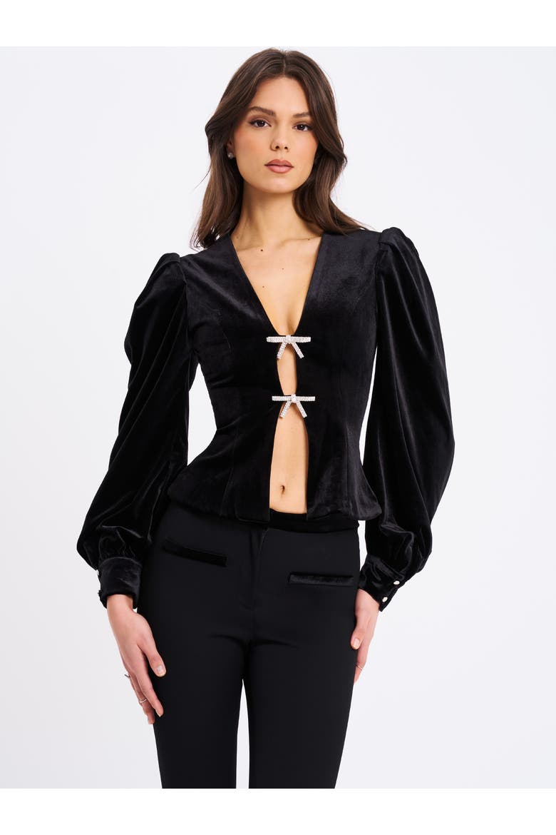 Krista Velvet Lantern Sleeve Top with Crystal Bow, Alternate, color, Black
