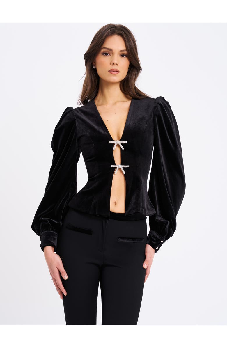 Miss Circle Krista Velvet Lantern Sleeve Top with Crystal Bow, Alternate, color, Black