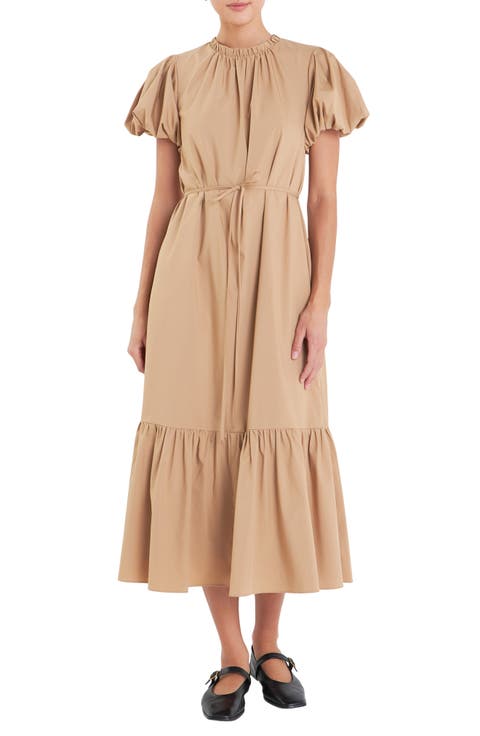 Puff Sleeve Tie Belt Midi Dress