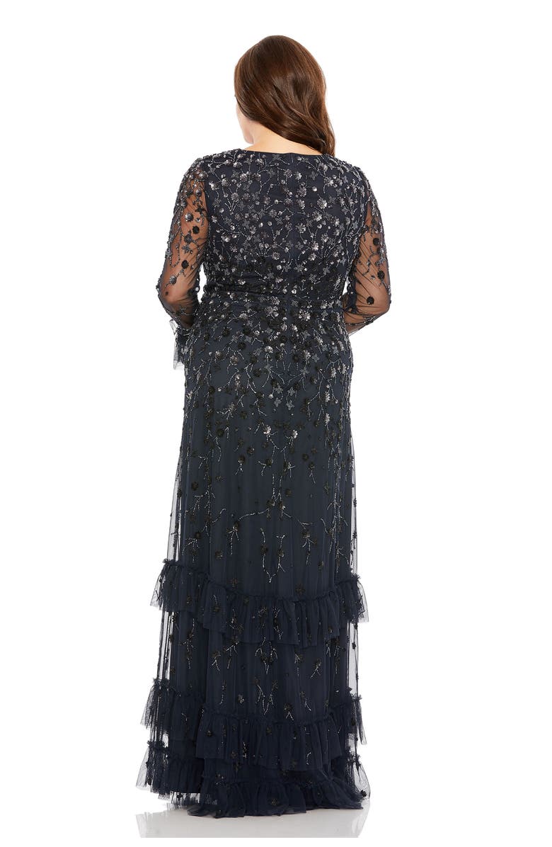 Mac Duggal V-Neck Embellished Long Flutter Sleeve Tired Gown, Alternate, color, Midnight