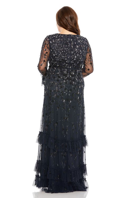 Mac Duggal V- Neck Embellished Long Flutter Sleeve Gown In Midnight