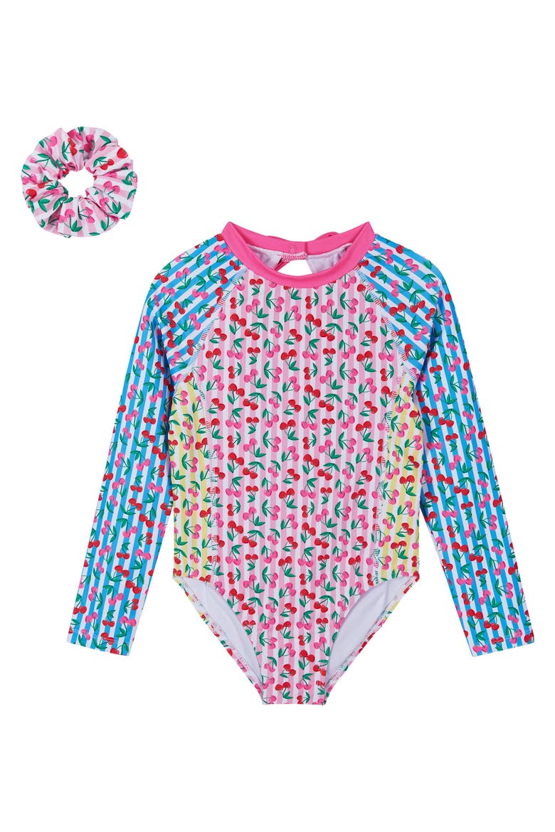 Kids' Print Long Sleeve One-Piece Rashguard Swimsuit & Hair Tie Set, Main, color, PINK CHERRY