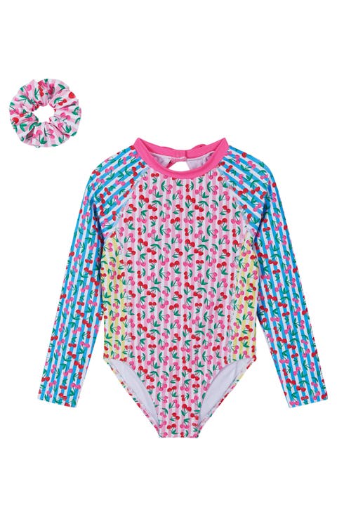 Kids' Print Long Sleeve One-Piece Rashguard Swimsuit & Hair Tie Set (Little Kid)