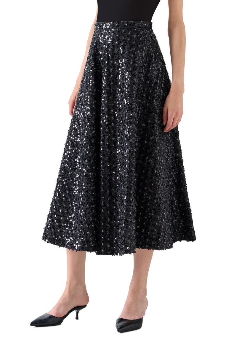Starry Sky Sequin Denim Midi Skirt, Alternate, color, BLACK DENIM