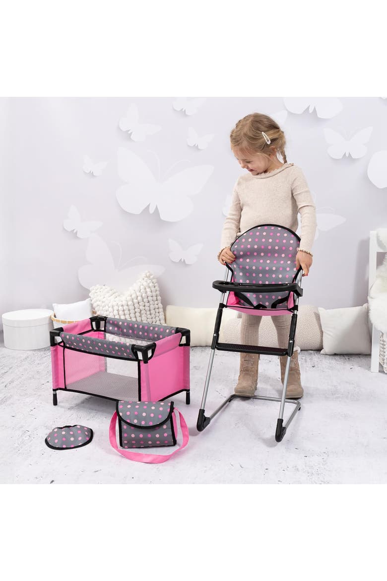 Doll High Chair Crib Set, Grey, Pink with Dots, Alternate, color, Multicolored