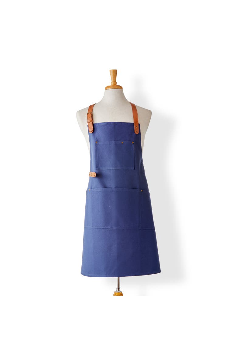 Everyday Utility Apron Navy 100% Cotton Canvas PU Leather Strap 28x32 in, Main, color, Blue