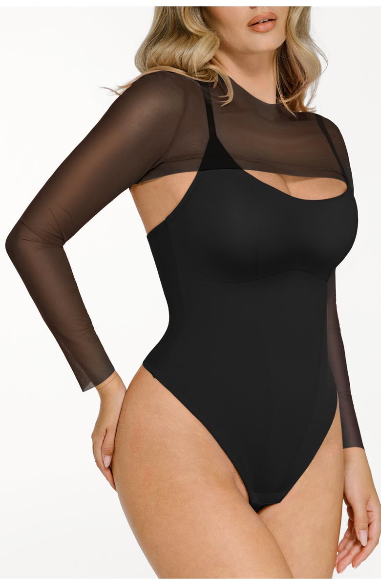 Popilush Sheer Shapewear Mesh Cutout Corset Bodysuit 2-Piece Set, Alternate, color, Jet Black