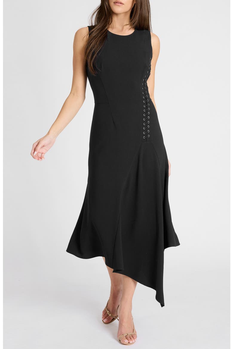 Kylie Sleeveless Asymmetric Midi Crepe Dress, Main, color, BLACK