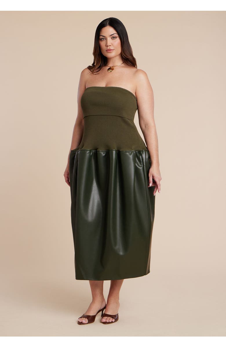 ELOQUII Faux Leather Sweater Mixed Dress, Main, color, Dark Olive Green