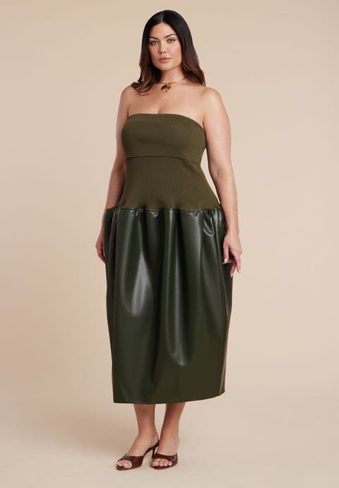 Faux Leather Sweater Mixed Dress (Plus)