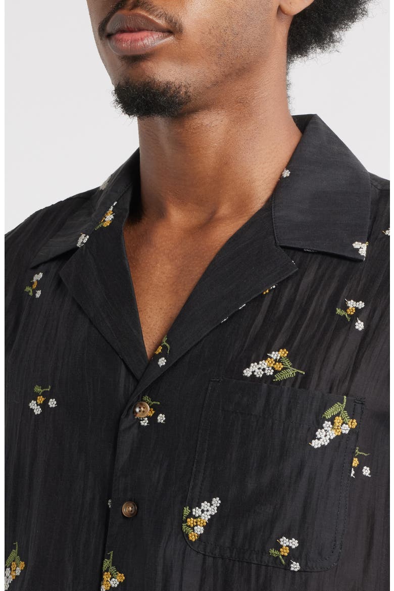 Madison Floral Cotton & Lyocell Plissé Camp Shirt, Alternate, color, BLACK