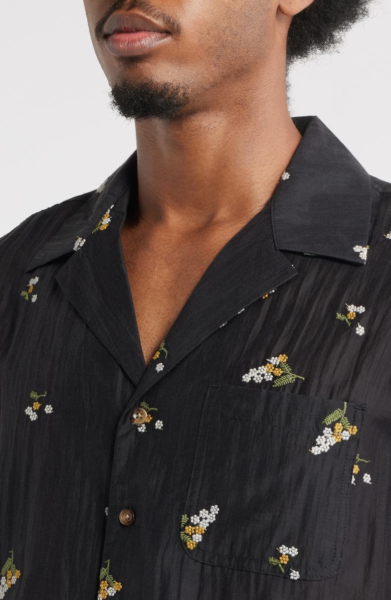 RIZORT Madison Floral Cotton & Lyocell Plissé Camp Shirt, Alternate, color, Black