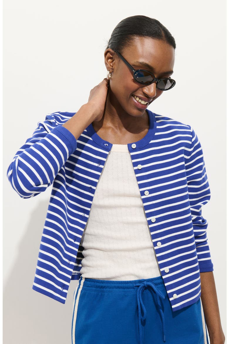 Coco Stripe Crewneck Cardigan, Alternate, color, BLUE / IVORY