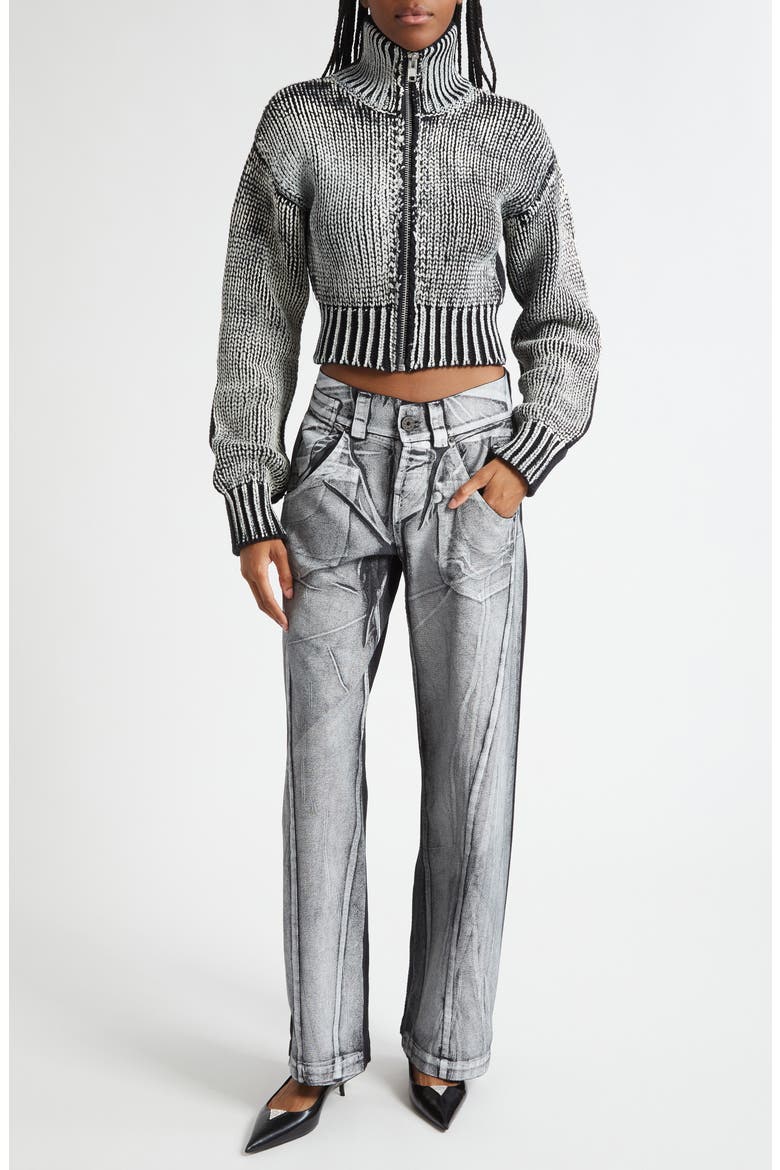 Zip Crop Cardigan, Alternate, color, BLACK WHITE 1