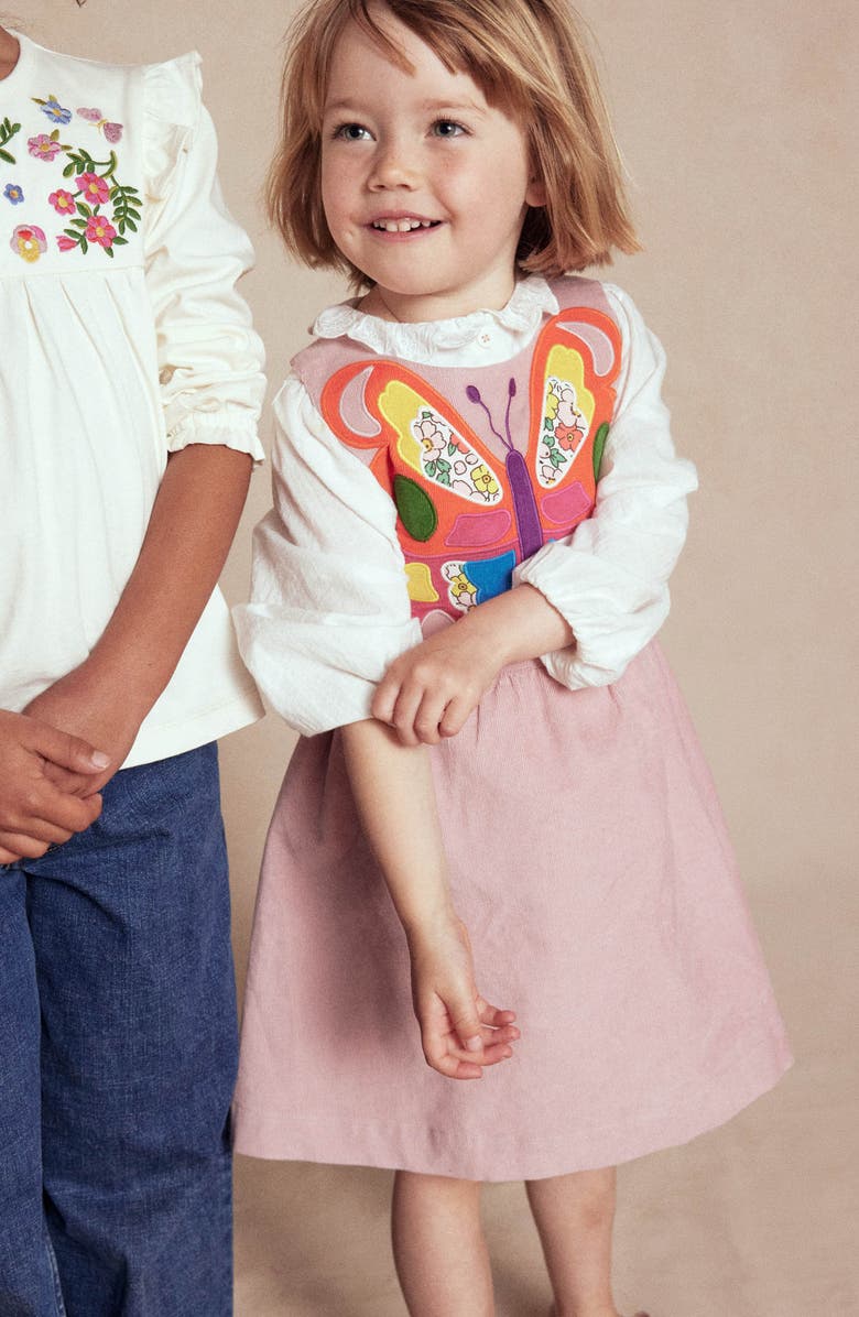 Mini Boden Kids' Butterfly Appliqué Corduroy Pinafore Dress, Alternate, color, Formica Pink Butterfly