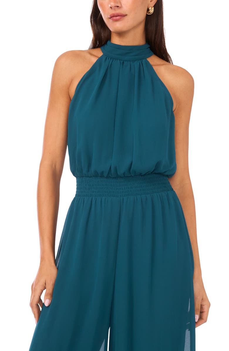 Vince Camuto Tie Neck Chiffon Overlay Wide Leg Jumpsuit, Alternate, color, Deep Teal