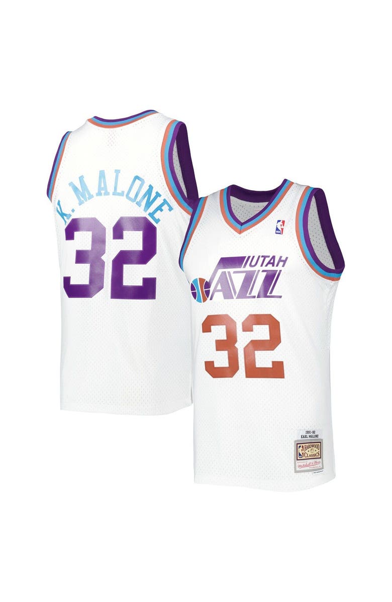 Mitchell & Ness Men's Mitchell & Ness Karl Malone White Utah Jazz 1991/92 Hardwood Classics Reload 3.0 Swingman Jersey, Alternate, color,