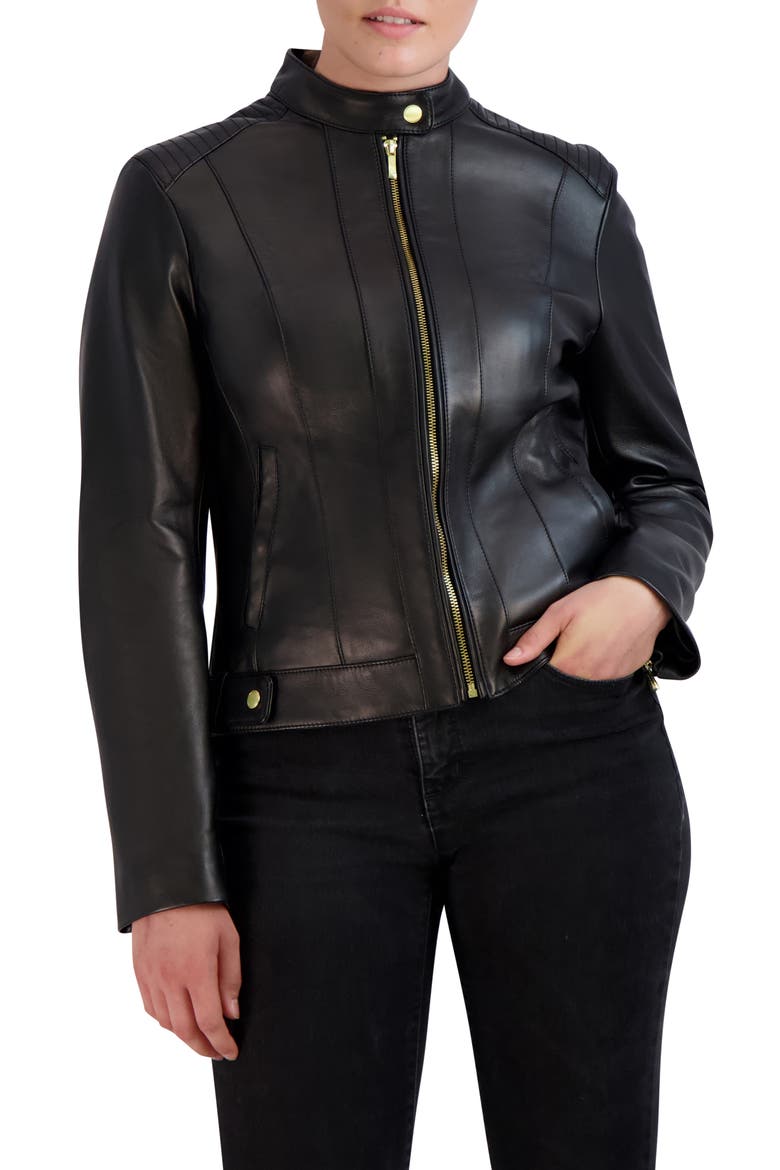 Racer Leather Jacket, Main, color, BLACK