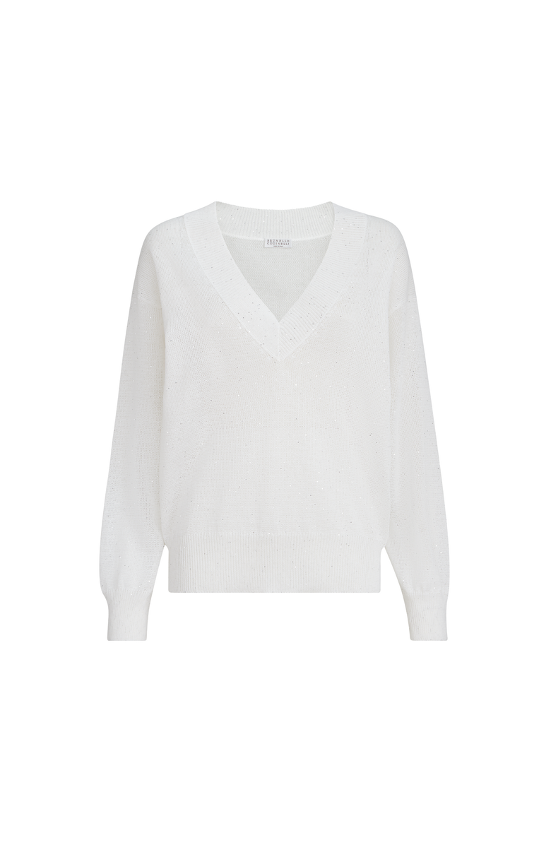 Brunello Cucinelli Linen and cotton Diamond yarn sweater, Main, color, White
