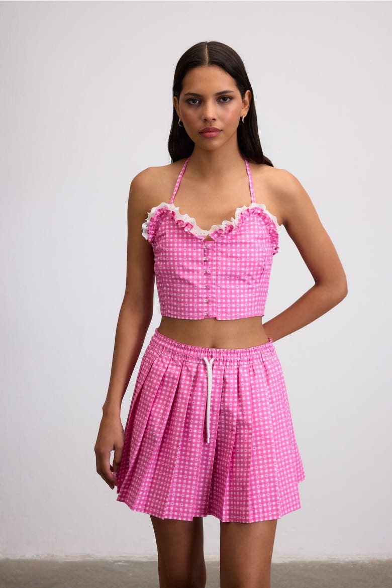 Sweetheart Gingham Crop Bustier Top With Lace Trim, Main, color, Pink