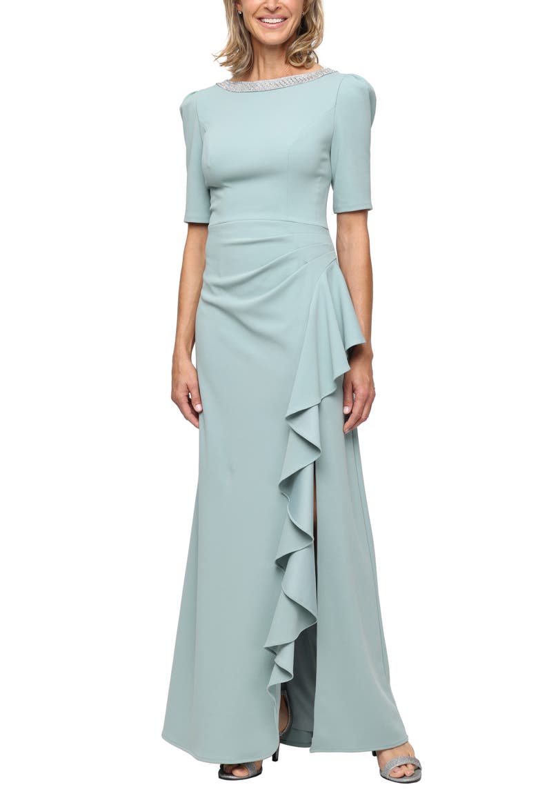 Embellished Neck A-Line Gown, Main, color, ICE SAGE