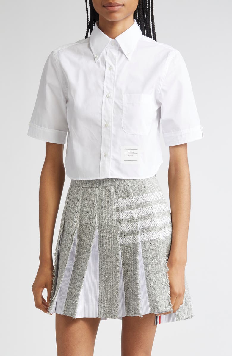 Thom Browne Classic Crop Cotton Poplin Button-Down Shirt, Main, color, White