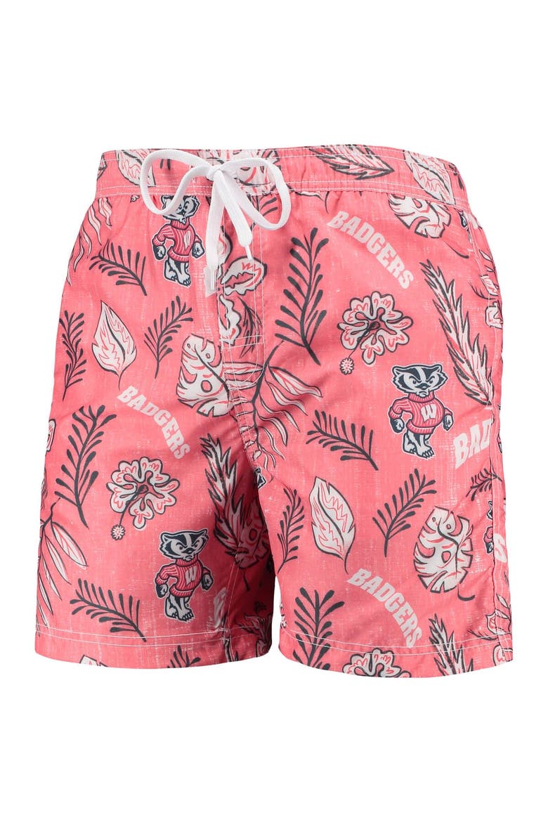 Men's Wes & Willy Red Wisconsin Badgers Vintage Floral Swim Trunks, Alternate, color, Red