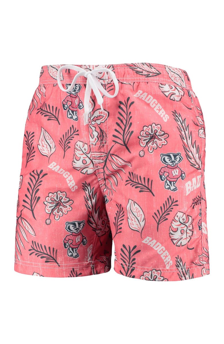Wes & Willy Men's Wes & Willy Red Wisconsin Badgers Vintage Floral Swim Trunks, Alternate, color, Red
