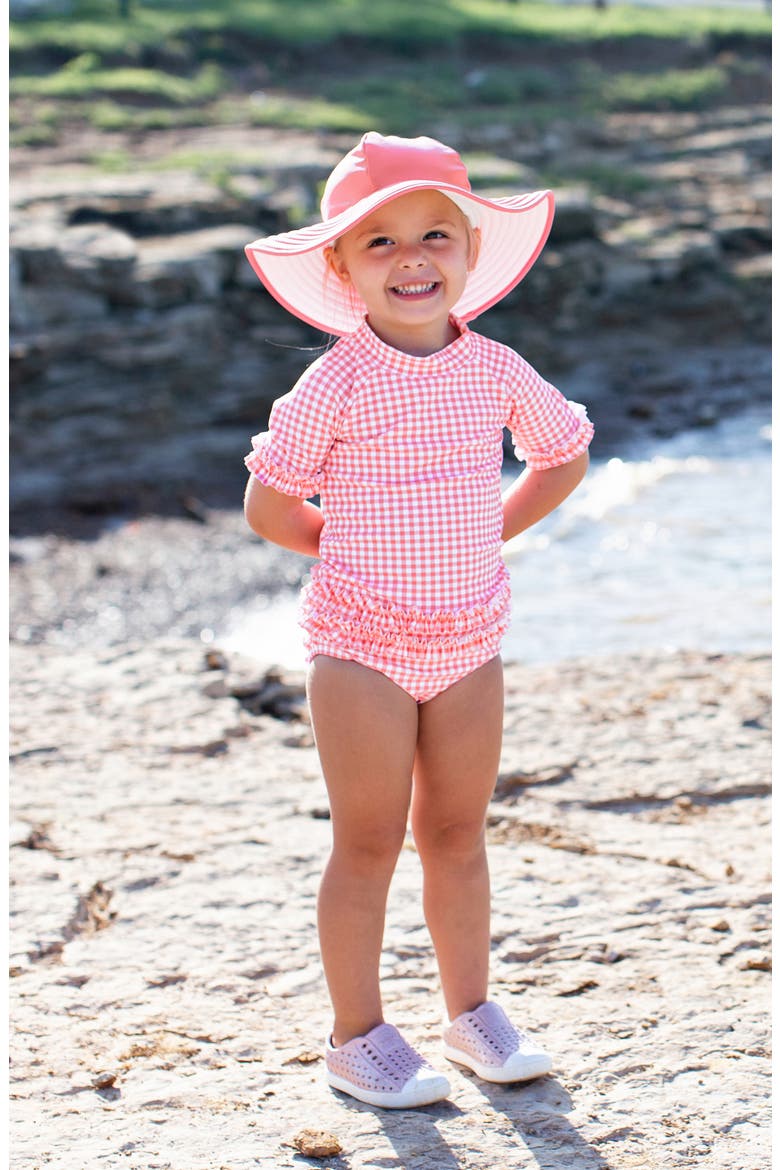Gingham Two-Piece Rashguard Swimsuit & Reversible Sun Hat Set, Alternate, color, PINK