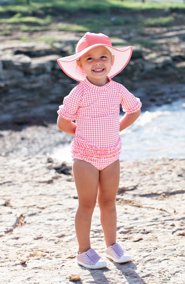 RuffleButts Gingham Two-Piece Rashguard Swimsuit & Reversible Sun Hat Set, Alternate, color,