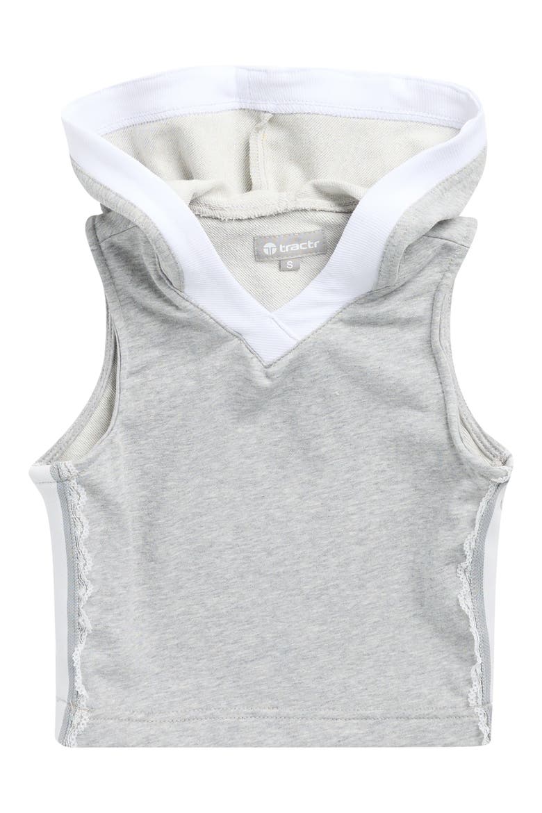Kids' Lace Trim Sleeveless Cotton Blend Hoodie, Main, color, HEATHER GREY