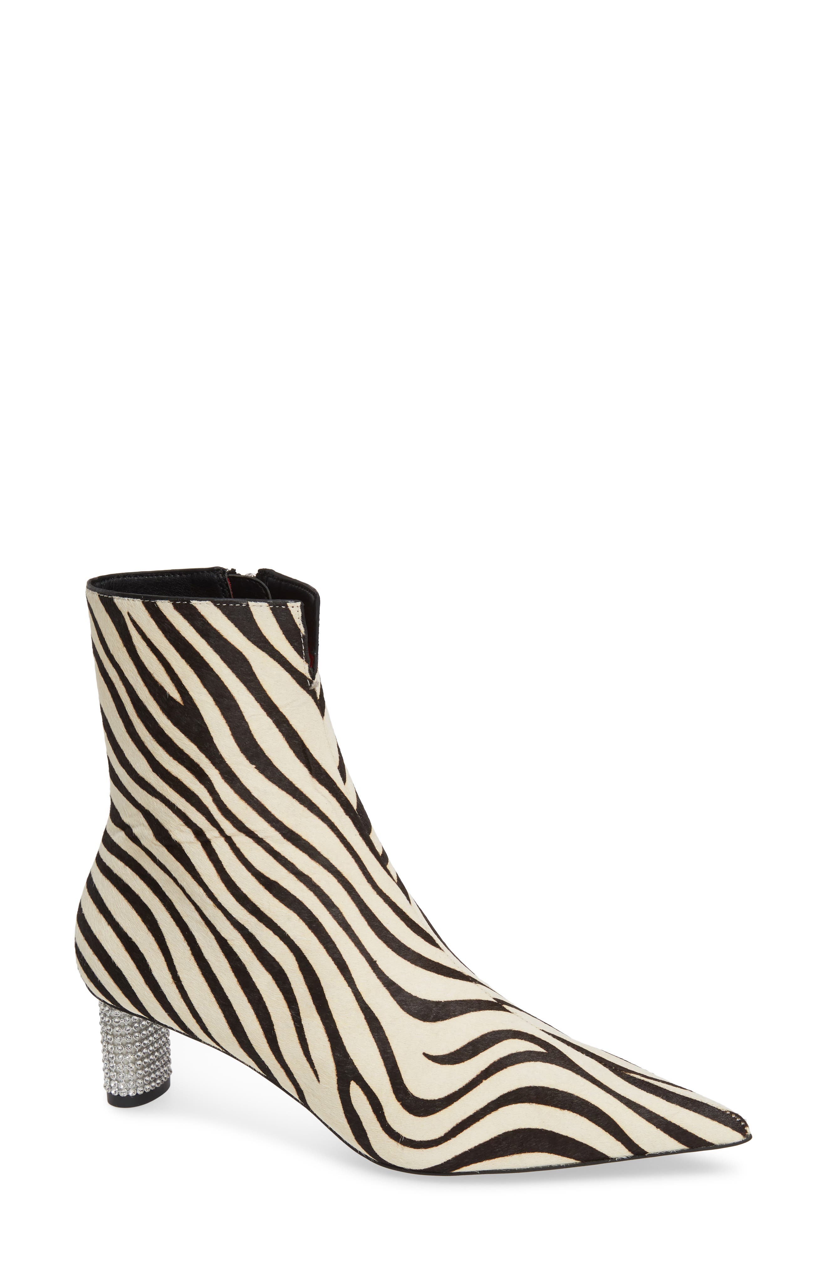 Crystal Heel Genuine Calf Hair Ankle Bootie, Main, color, WHITE MULTI CALF HAIR