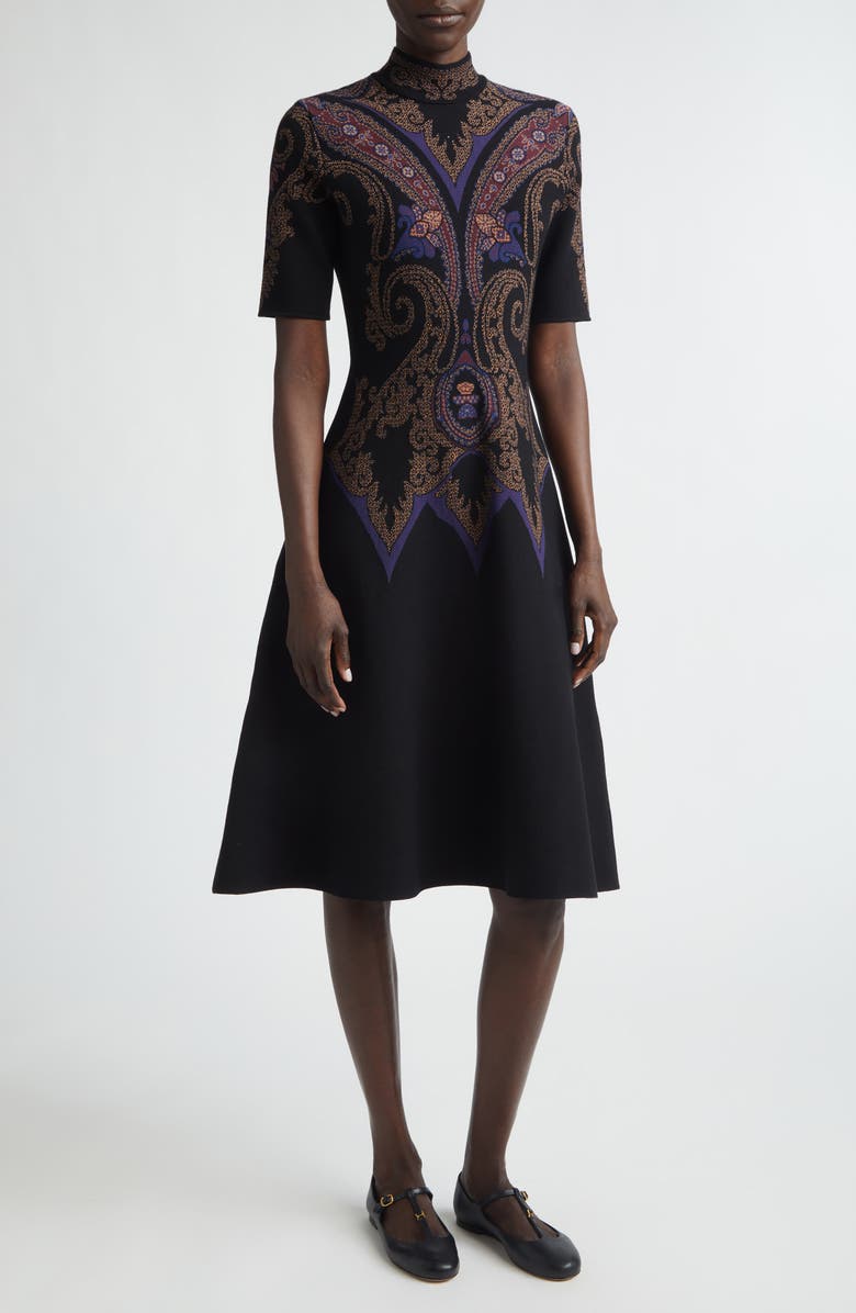 Etro Mock Neck Jacquard Fit & Flare Sweater Dress, Main, color, Dark Blue