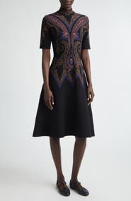 Etro Mock Neck Jacquard Fit & Flare Sweater Dress