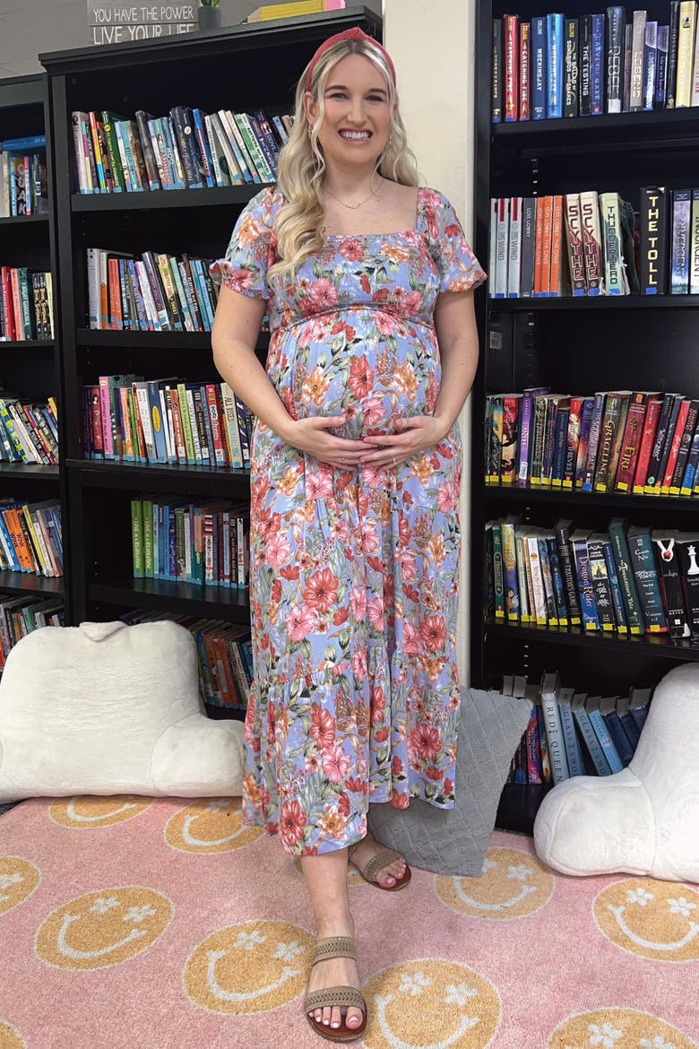 Floral Smocked Square Neck Tiered Maxi Dress, Alternate, color, Blue