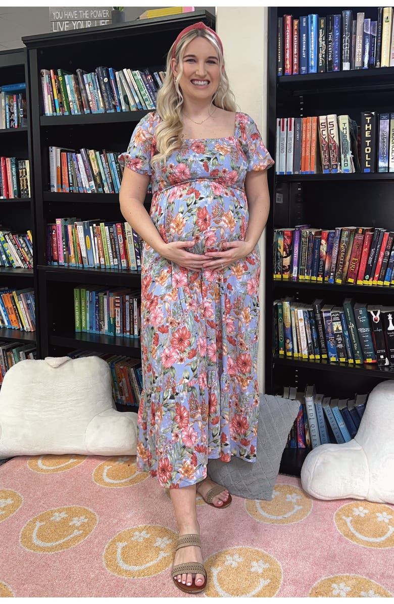 PinkBlush Floral Smocked Square Neck Tiered Maxi Dress, Alternate, color, Blue