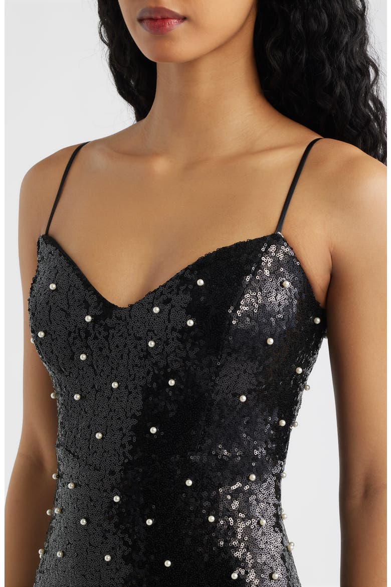Sequin Faux Pearl Lace Up Gown, Alternate, color, BLACK / IVORY