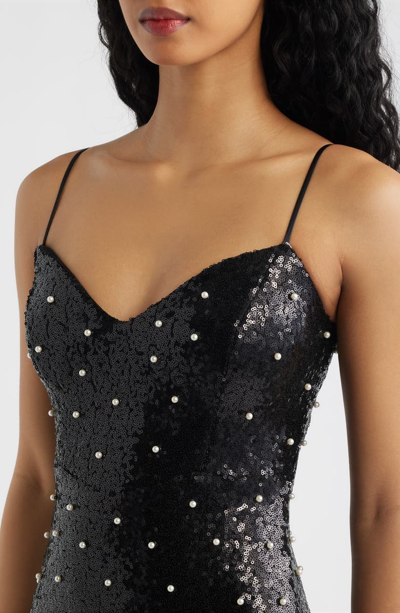 Emerald Sundae Sequin Faux Pearl Lace Up Gown, Alternate, color, Black / Ivory