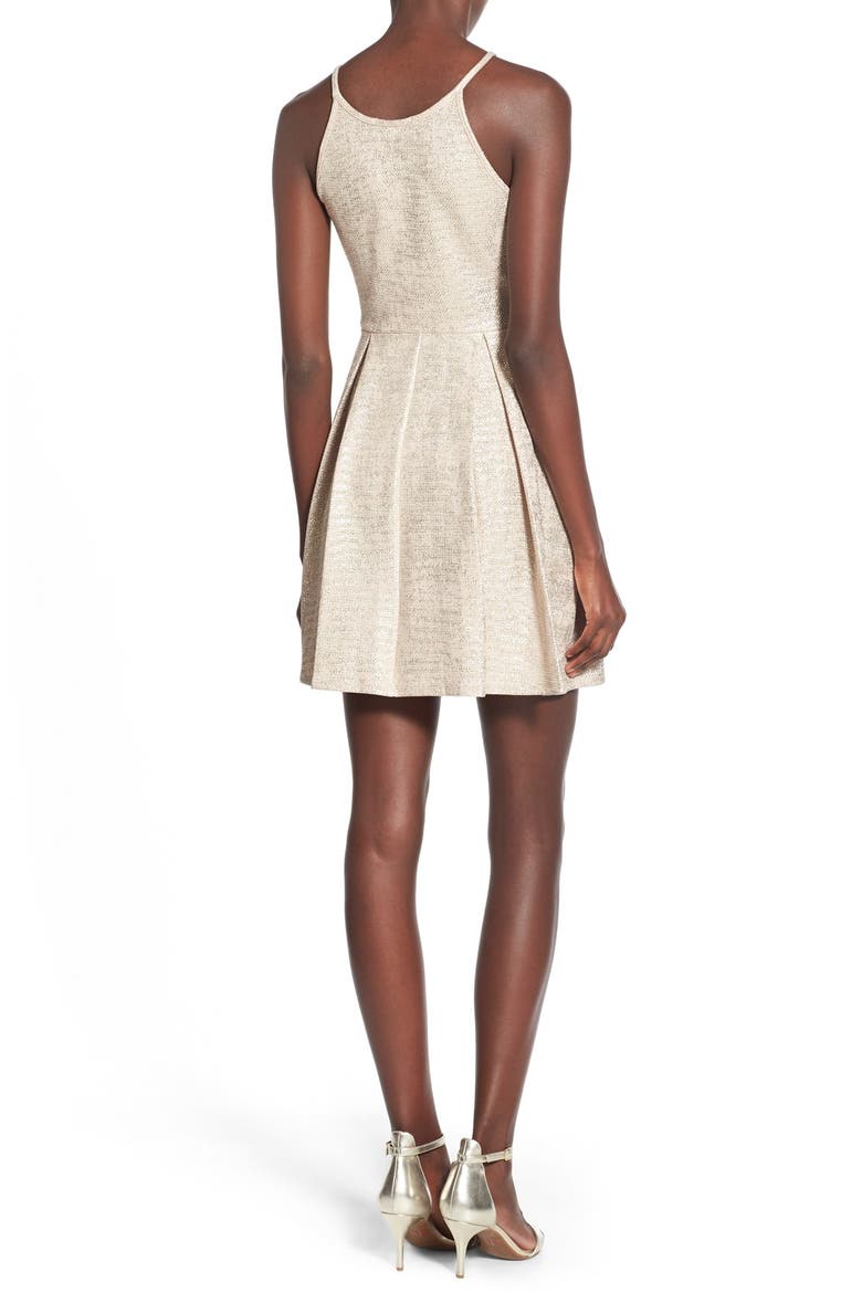 Foil High Neck Fit & Flare Dress, Alternate, color, LATTE