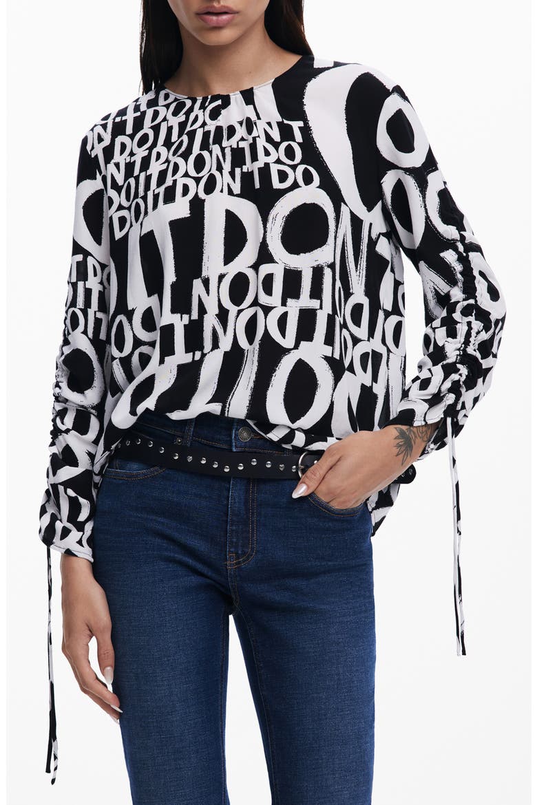 Lettering Ruched Sleeve Top, Main, color, BLACK
