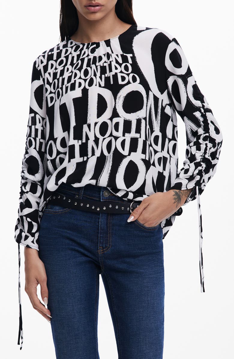Desigual Lettering Ruched Sleeve Top, Main, color, Black