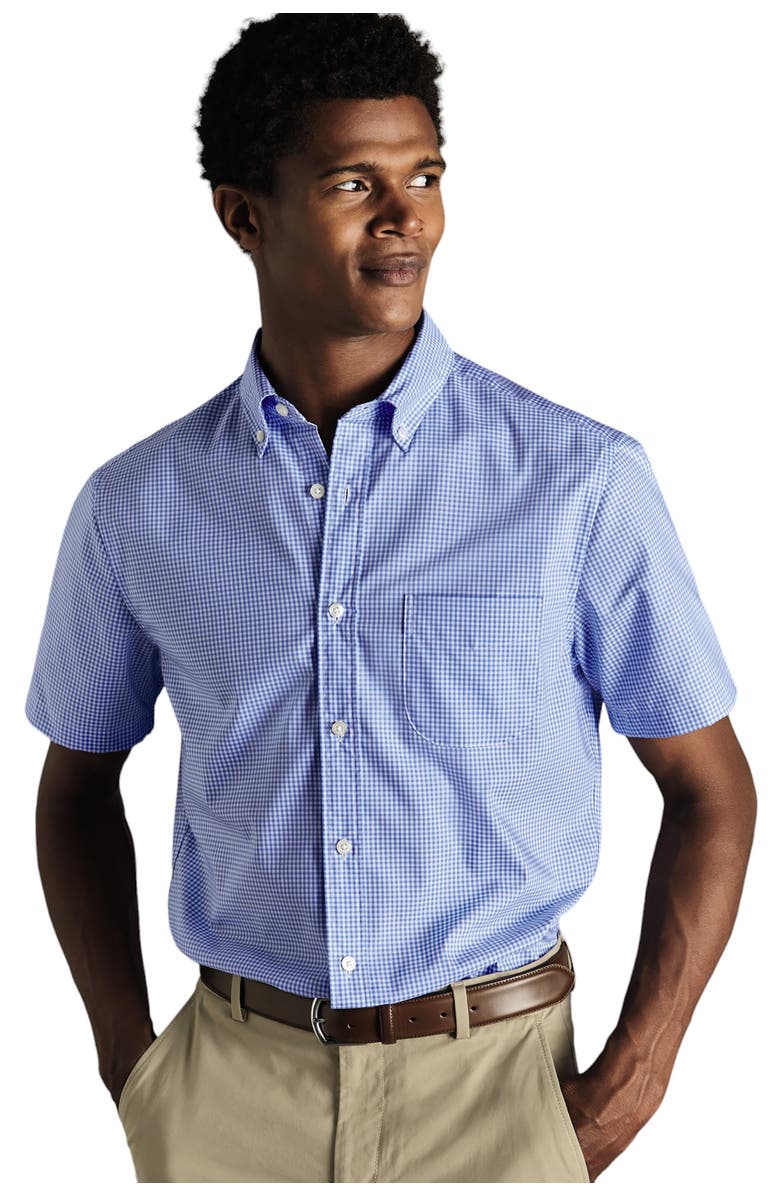 Charles Tyrwhitt Slim Fit Button-Down Collar Non-Iron Stretch Mini Gingham Short Sleeve Shirt, Main, color, Ocean Blue
