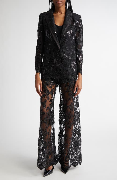 Alice And Olivia Judith Embellished Sheer Lace Notch Collar Blazer In Black