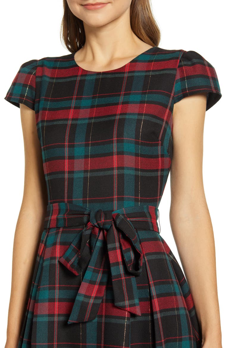 Gibson x Hi Sugarplum! Holiday Joyeux Cap Sleeve Fit & Flare Dress, Alternate, color, CLOCHETTE PLAID