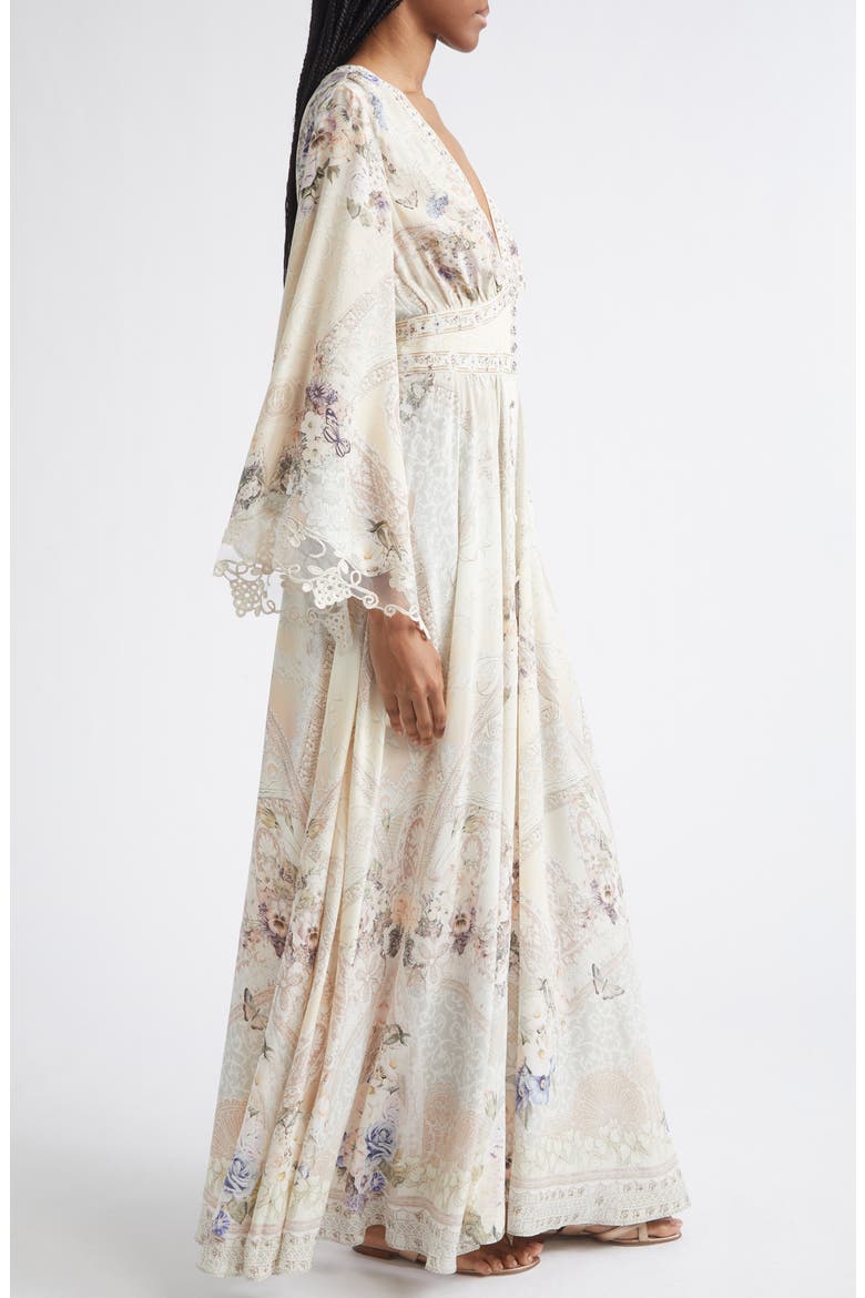 Floral Print Lace Trim Long Sleeve Silk Maxi Dress, Alternate, color, LACED WITH LOVE