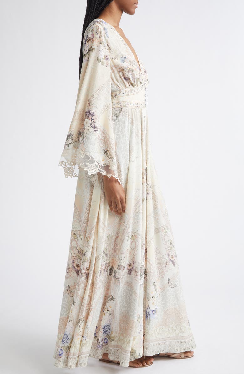 Camilla Floral Print Lace Trim Long Sleeve Silk Maxi Dress, Alternate, color, Laced With Love